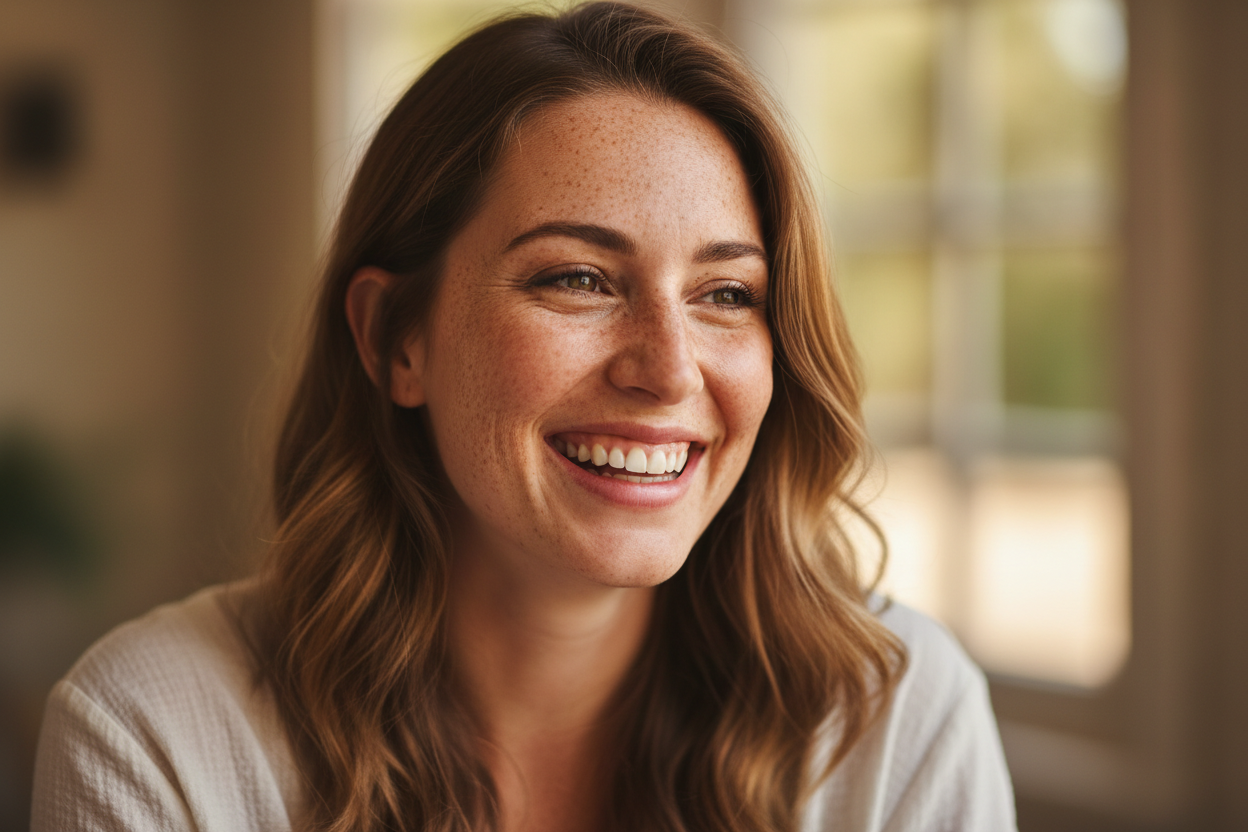create an image off a happy women with. freckles